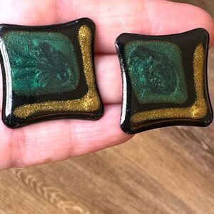 Green and gold enamel square post earrings
